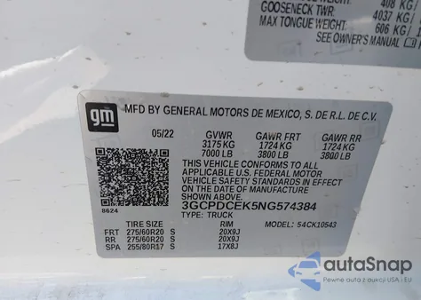 2022 Chevrolet Silverado 1500 4Wd Short Bed Custom Trail Boss z USA, uszkodzony, nr VIN 3GCPDCEK5NG574384